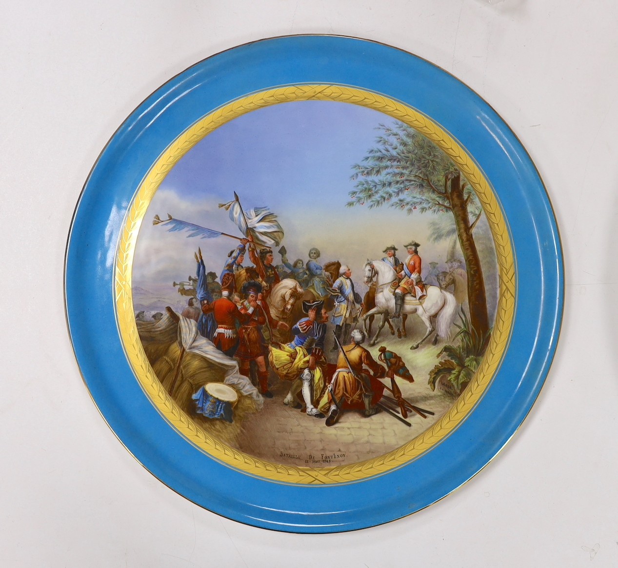 A 19th century Sevres style porcelain tray ‘Bataille De Fontenoy 11 Mai 1745’, 45cm